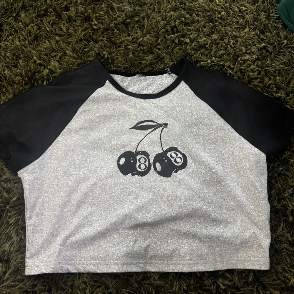Black and Gray Cherry Graphic Crop Top